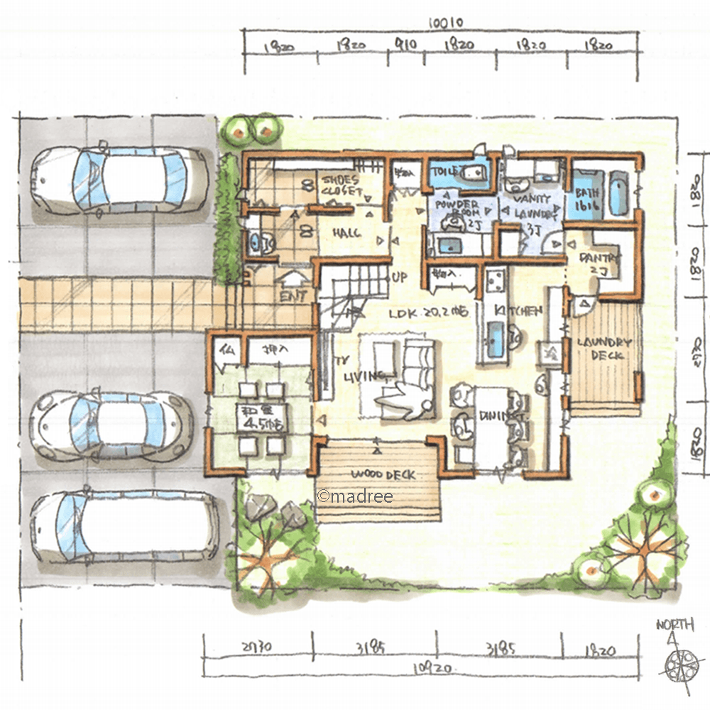 景観を邪魔しない目的別のウッドデッキで、来客時にも自分リズムで家事のできる家