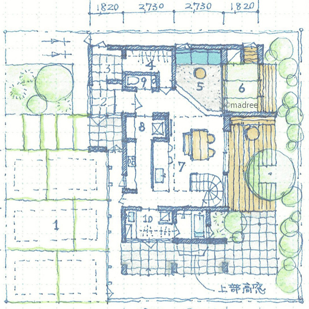 光溢れるLDKから中庭デッキへ広がる眺望、四季の移ろいを楽しむ憩いの場がある家