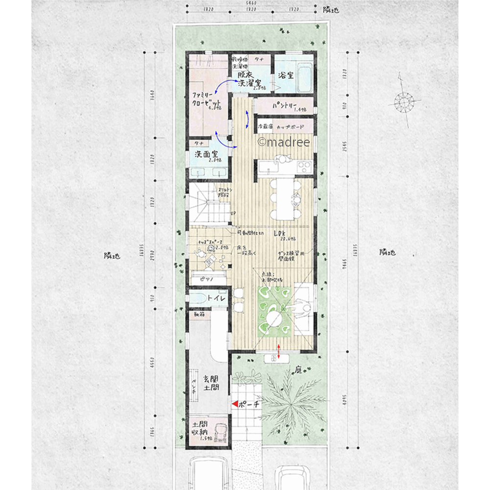 圧迫感なくフレキシブルに空間を繋ぐ、縦にも奥にも視界が抜ける明るい縦長地の家