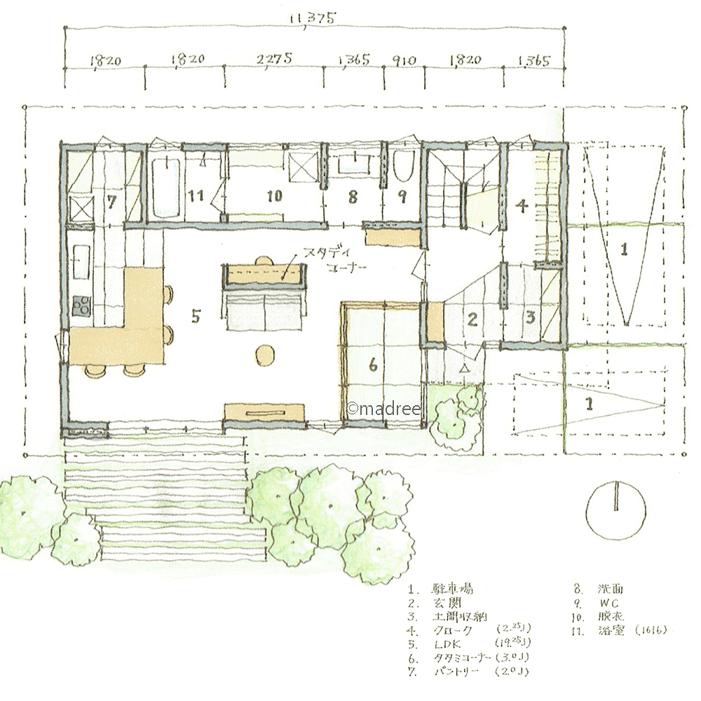 玄関扉がプライバシーを守る、親しみやすいL字型キッチンを囲む快適LDK空間の家