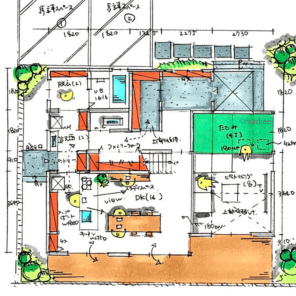 少し篭れる家族の癒し空間、縦にも屋外にも視界の広がるピットリビングのある家