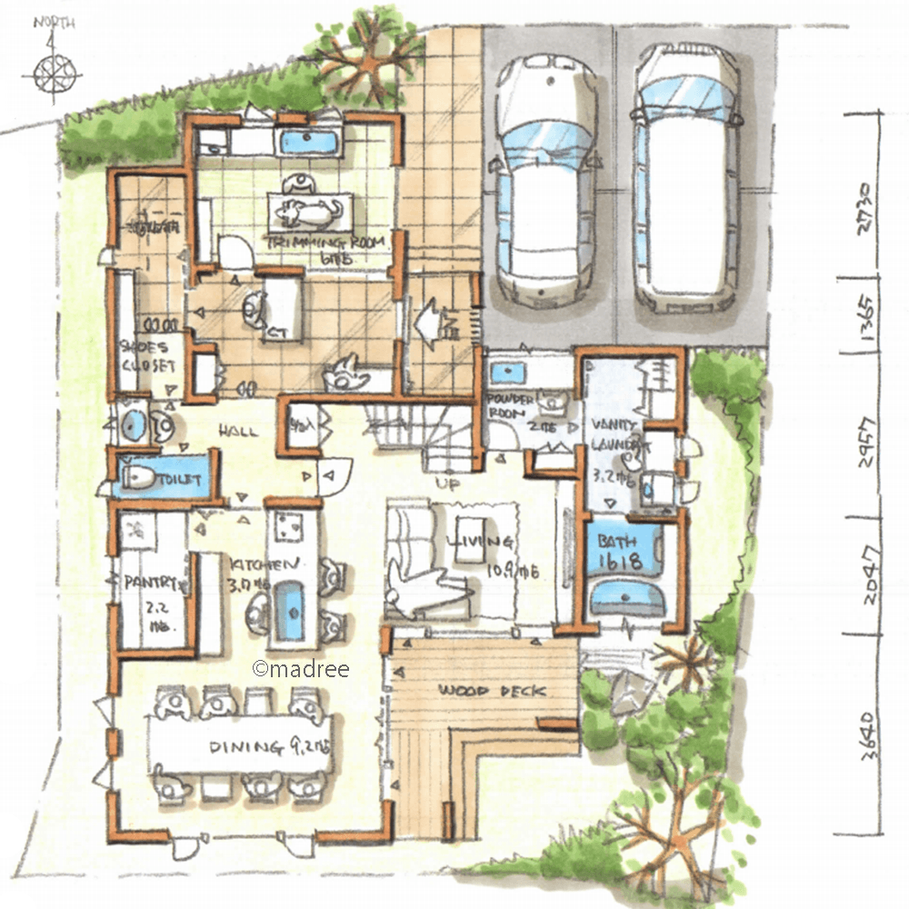 ダイナミックな吹抜から光溢れる、気持ち良くゲストをお迎えする店舗兼用の家