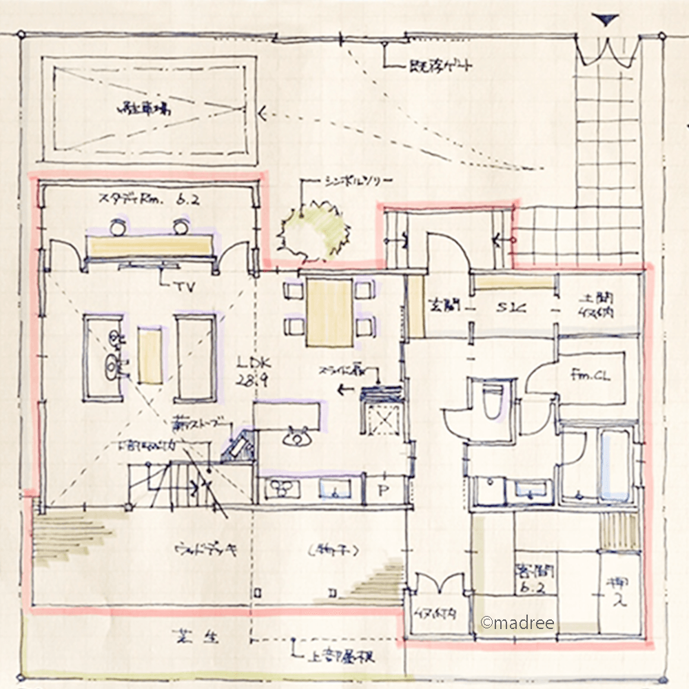 吹抜と薪ストーブで家中の空気を循環、機能的で自然感じるリビングに家族集う家