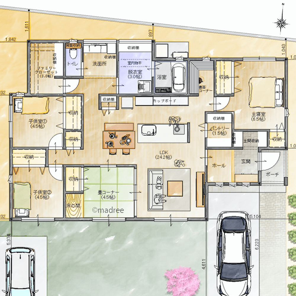 建物の中心はストレスフリーな回遊キッチン、家族の顔を見ながらLDKでのんびり過ごす平屋