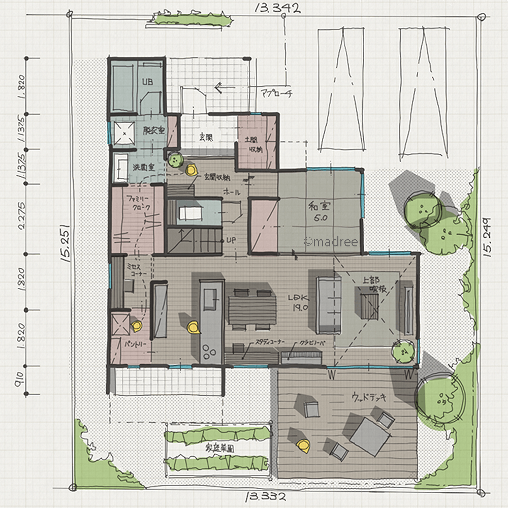 縦長のLDKから庭への開放感、隣家を気にせずBBQを楽しむ大型のウッドデッキのある家