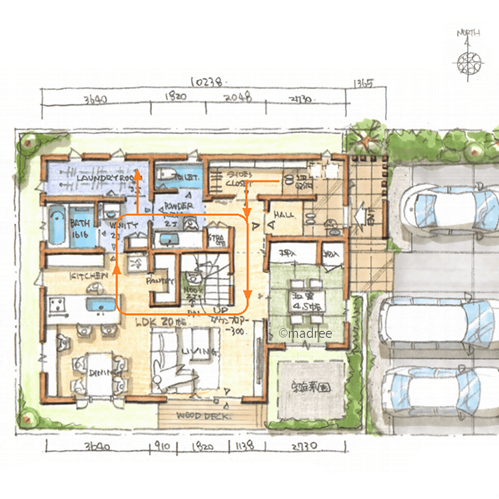 リビング全体が吹抜の開放感、階段を中心に家事と生活がぐるりと繋がる家