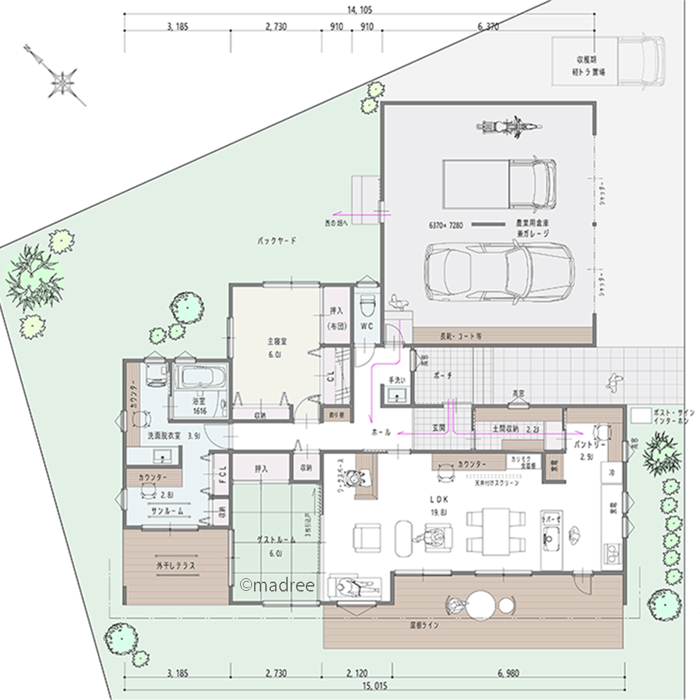 泥付き野菜でも安心の収納スペース、室内から行き来できる倉庫兼ガレージのある平屋