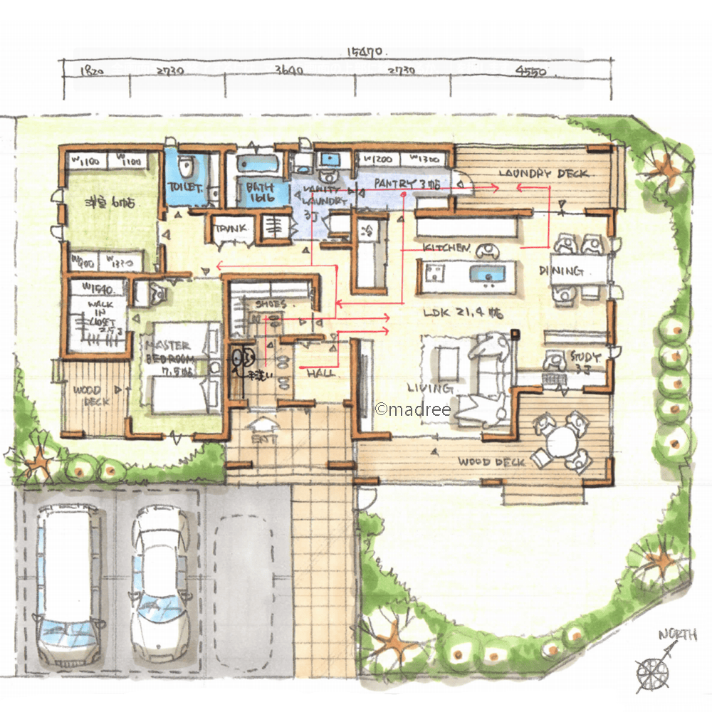 目的別デッキが屋外家事を楽にする、高齢になっても空間のゆとりで快適に過ごせる平屋