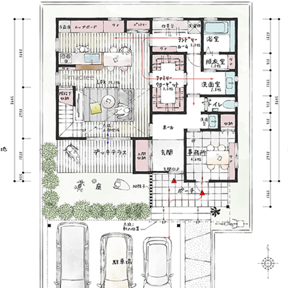 来客が入り込まない安心の家族スペース、廊下で空間をしっかり分けた事務所併設の家