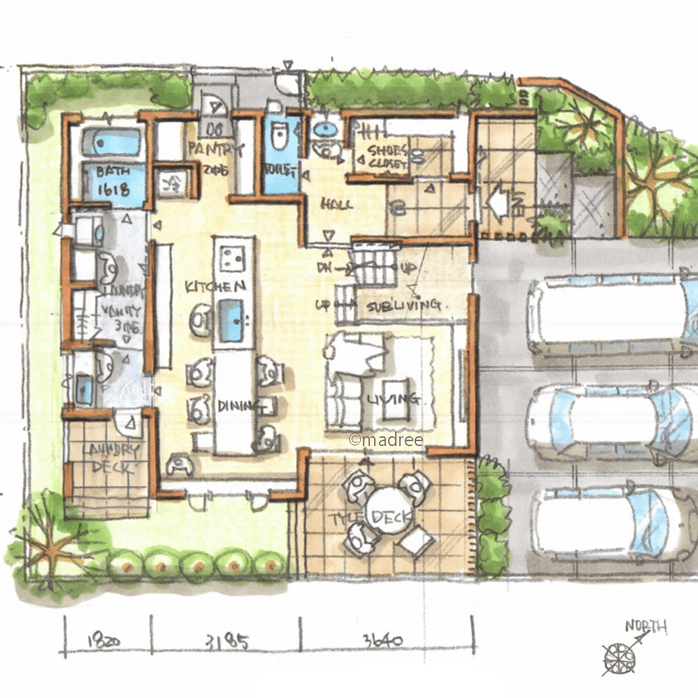 タイルデッキで家族団らんの休日を、生活動線を意識した片付く家