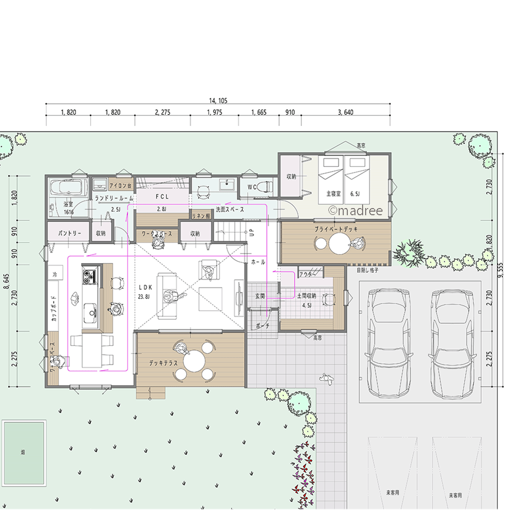 家族の中にもOFFの時間を大切に、夫婦でのんびり過ごせるプライベートデッキのある家