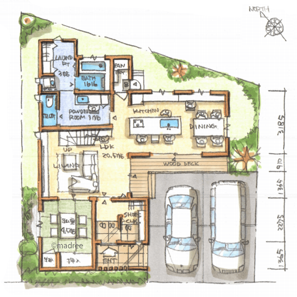 リビング階段と吹抜で家族を近くに感じる、明るさと開放感のある台形地に建つ家