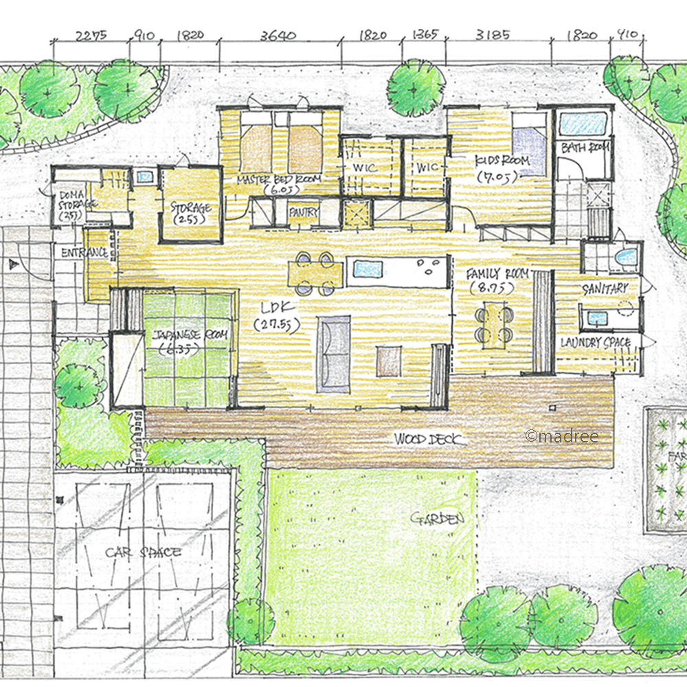 自然感じる伸びやかなLDKと、多目的ファミリールームのある平屋