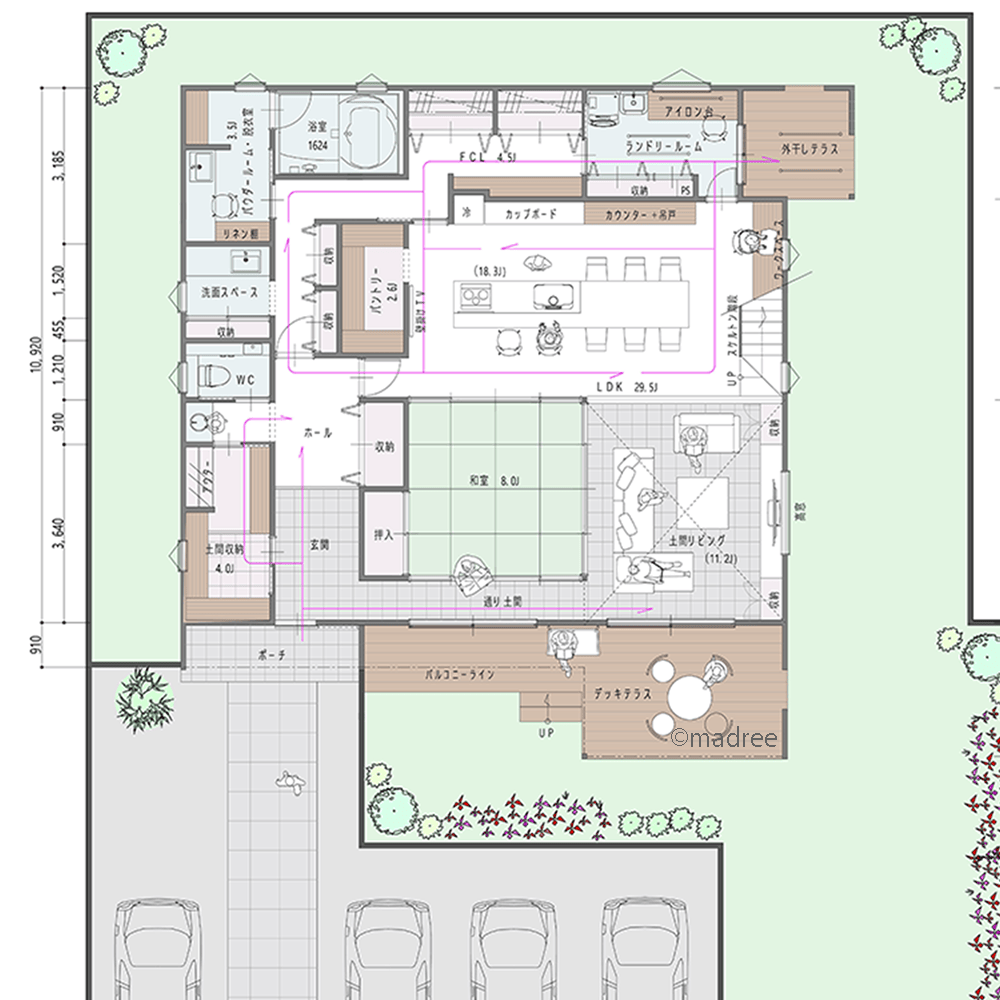 裏動線に生活感隠して来客ウェルカム、おもてなし上手な土間リビングのある家