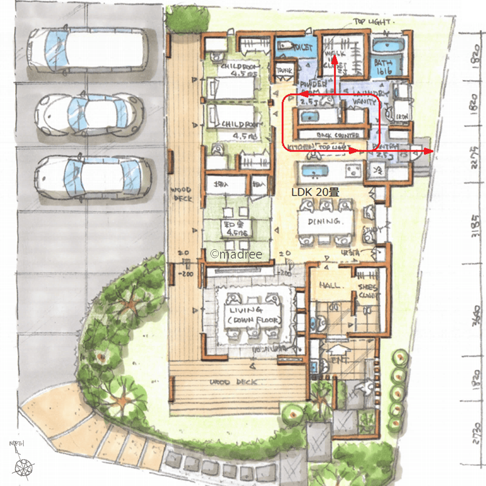 L字のウッドデッキに全室つながる、四季折々感じながら趣味愉しむ家