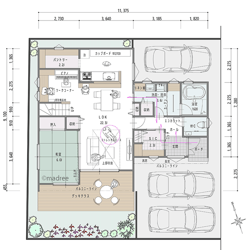LDKから縦へ屋外へ広がる開放感、奥行きのあるデッキテラスから光を採り込む家