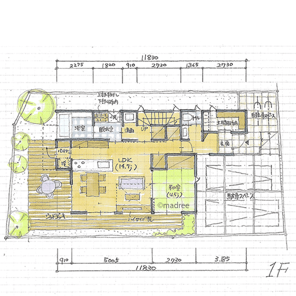 L字型デッキと吹抜から光を取り込む、屋内外で過ごす家族を明るいLDKから見守る家