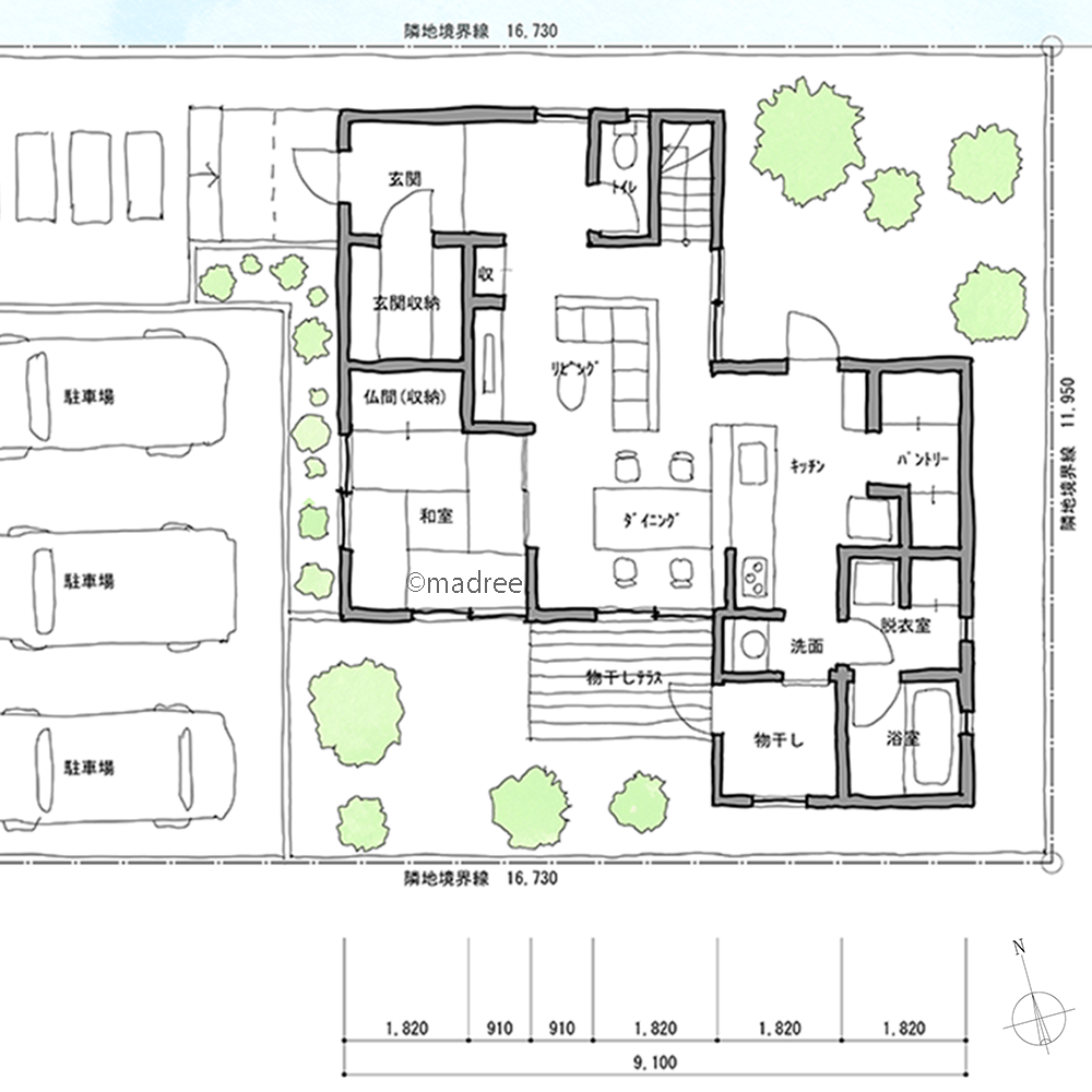 庭2つより自然の景色取り入れる、のびやかな空間ながらもミニマル家事の家