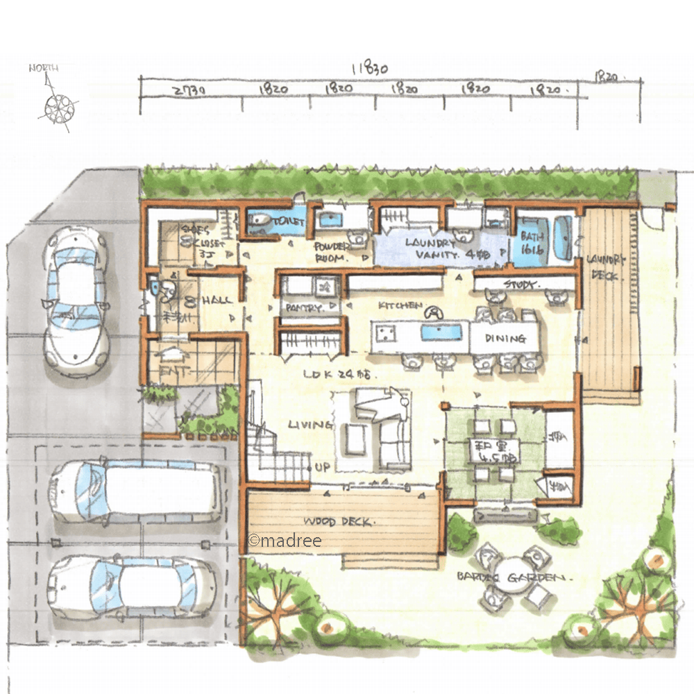 キッチン中心の回遊性で家事ラク叶う、暖かなサンルームで団らん過ごす雪国の家