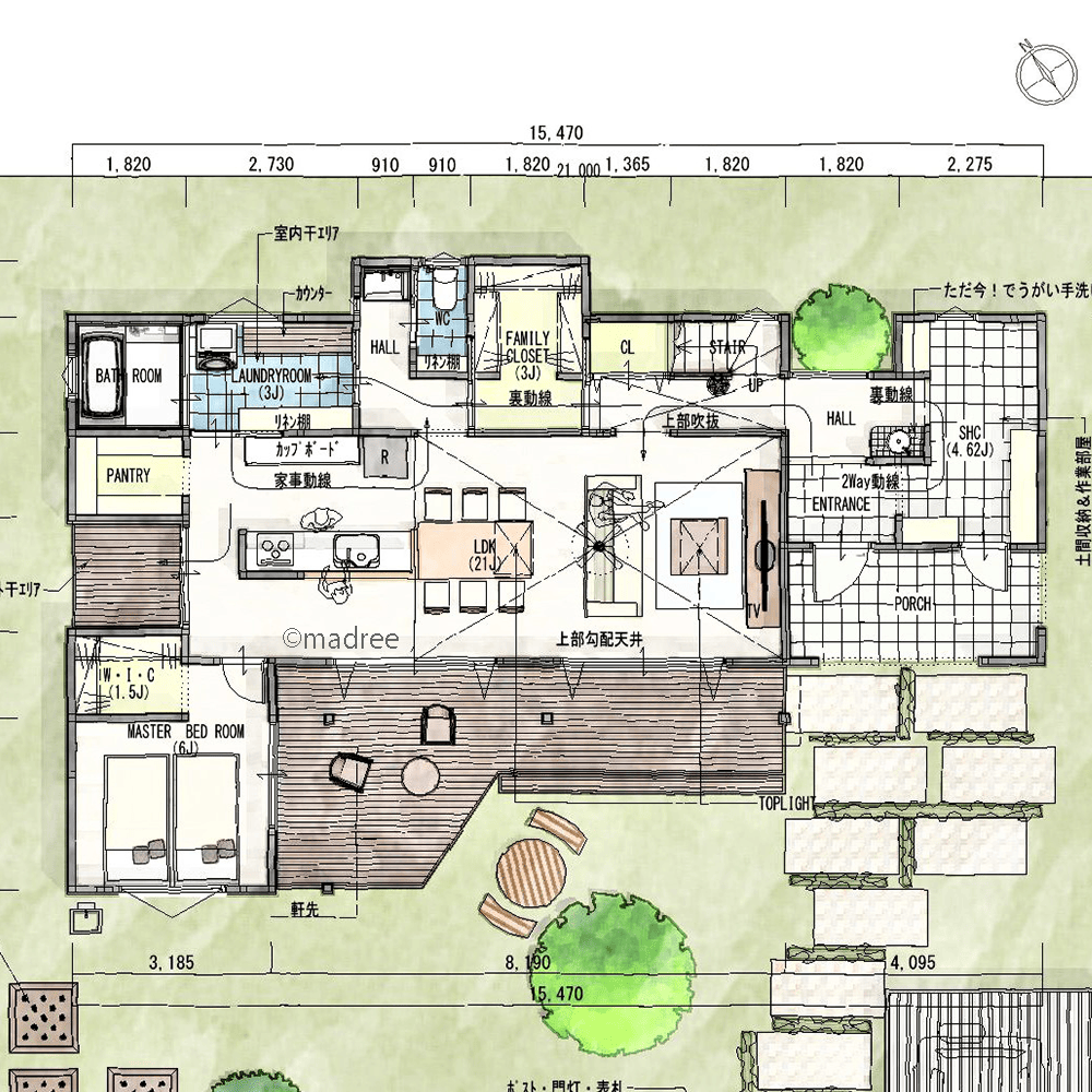 アウトドアリビングで過ごす開放感、LDKと主寝室で囲むピロティ風デッキのある家
