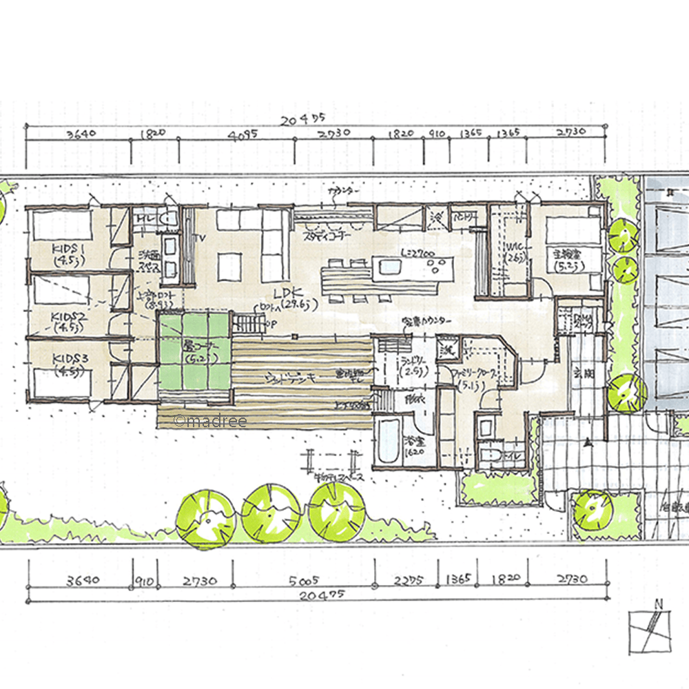 リビング中心に家族のプライベート守る、開放感に満ちた勾配天井の平屋