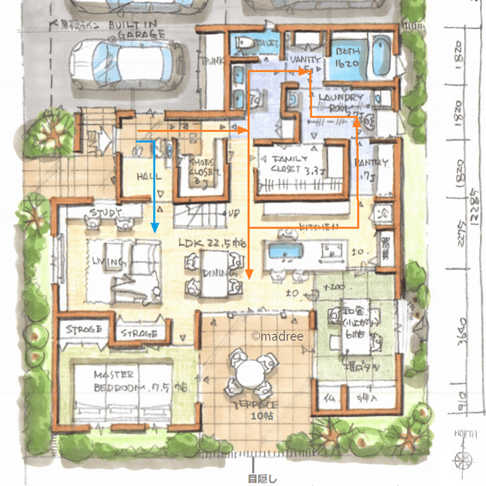 コの字で囲むプライベートな中庭テラスで、隣家を気にせず週末BBQを楽しむ家