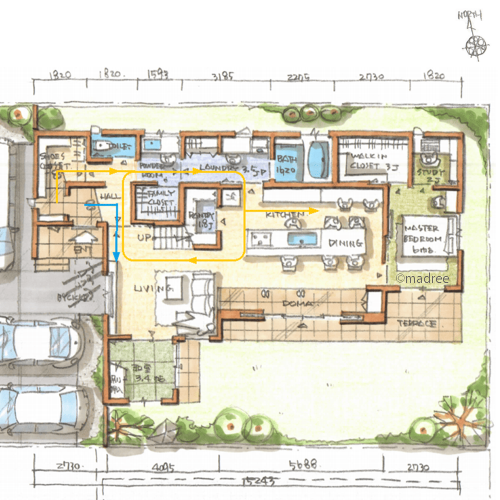 道路からの視線カットしオープンに暮らす、庭につながる土間リビングのある家