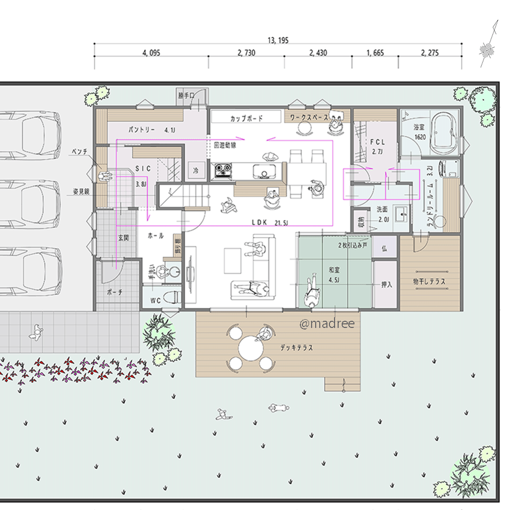 来客から視線の届かない安心感、リビングを囲むウォークスルーの裏家事動線がある家
