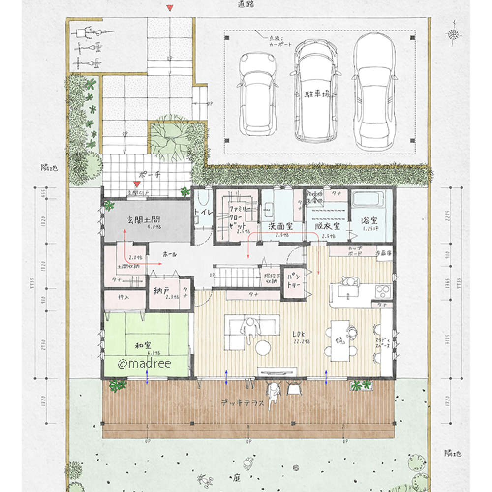 雨風を遮り柔らかな光がLDKに届く、大きな窓で庭と繋がる深い軒のある家
