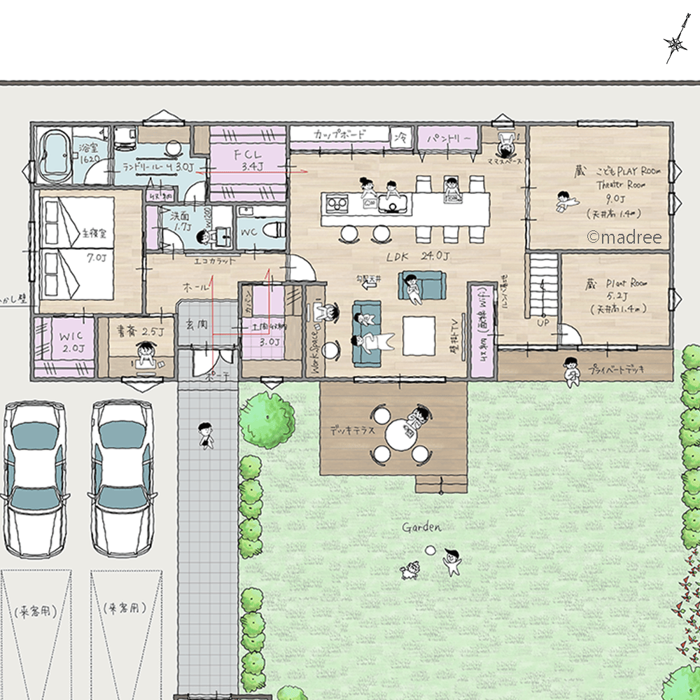 クローズ外構で気兼ねなく家族時間、吹抜と蔵のある片流れ屋根の平屋