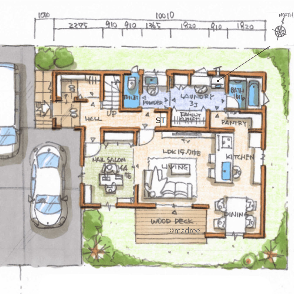 来客に生活感を見せない工夫、家族も安心して過ごせるサロン部屋のある家