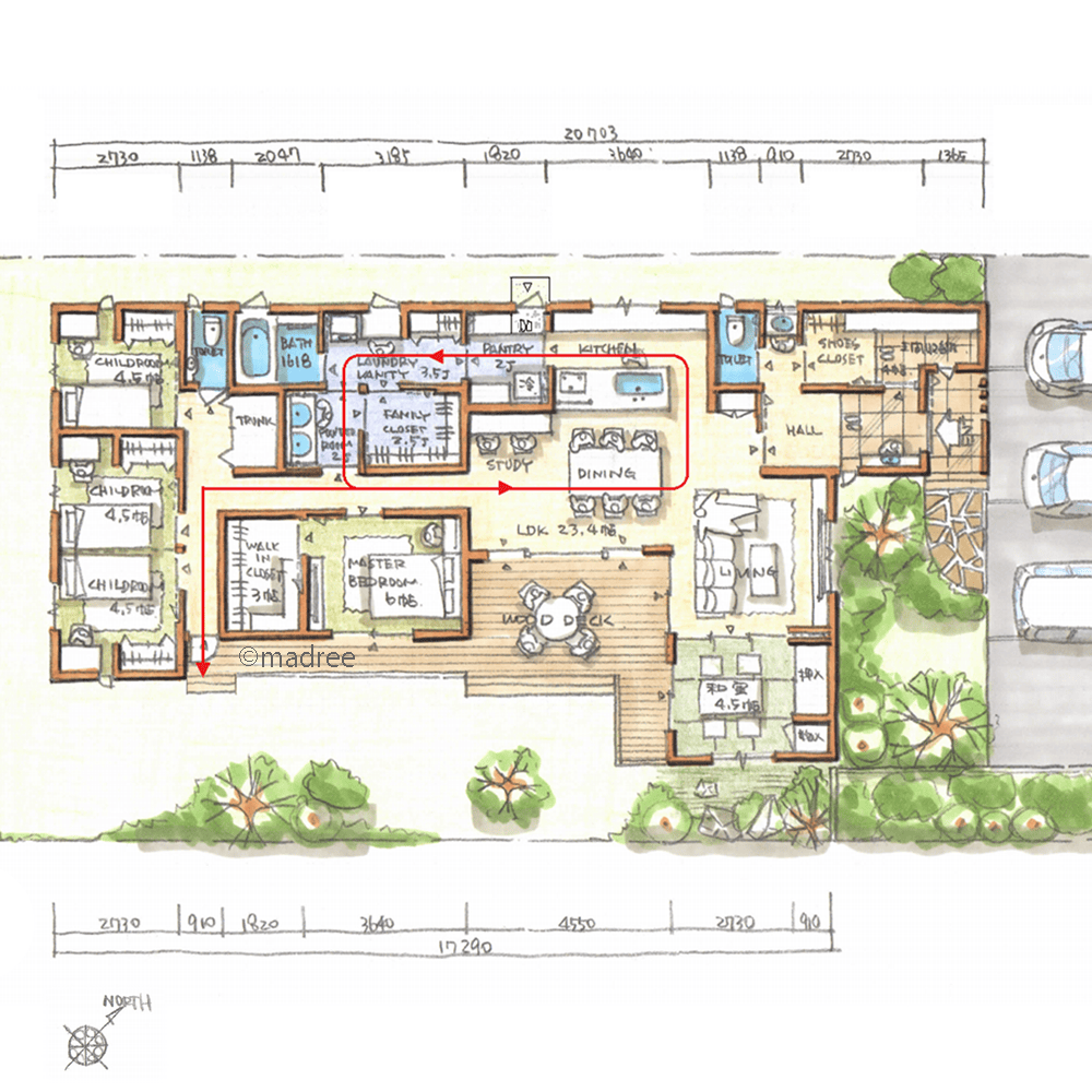 隠せるプラーベート空間でより快適に、回遊しながら家事のできる細長い平屋