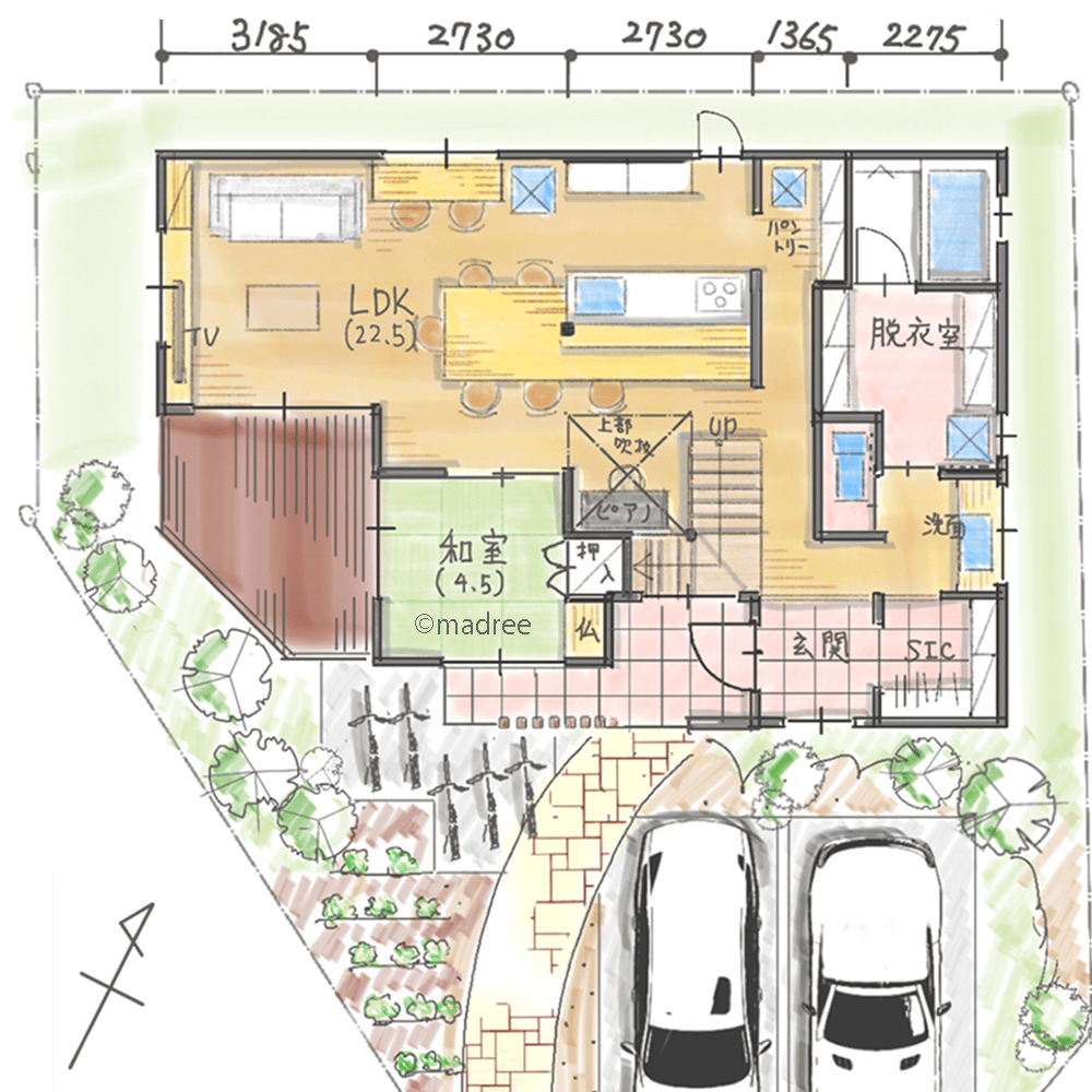 上手に気持ちを切り替える工夫、ON/OFFを別空間で過ごせる台形地の家
