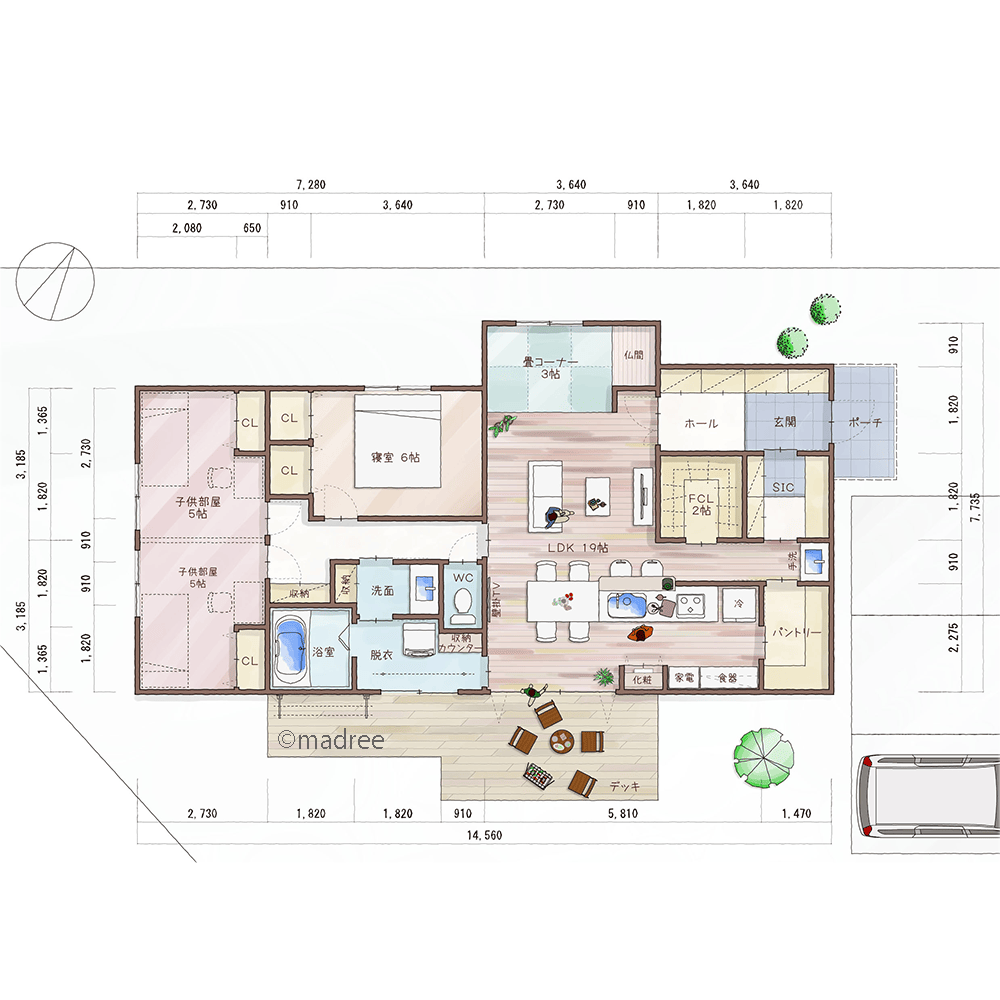 快適なゾーニングで心身落ち着く、キッチン中心に回遊家事できる平屋
