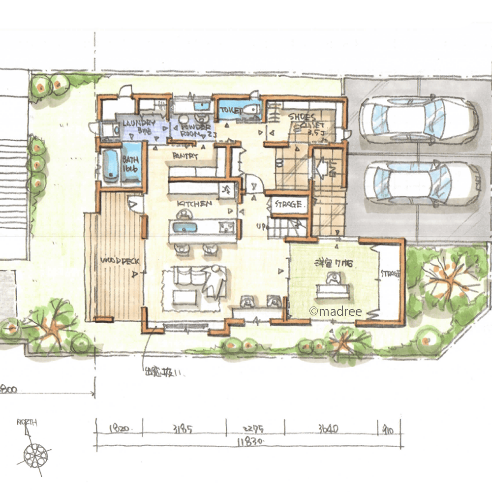 行き止まりない回遊空間で広がり生まれる、緑に囲まれた庭を臨む家