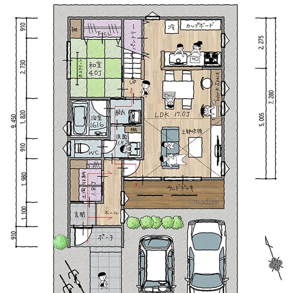 水廻り経由の回遊動線で生活を繋ぐ、太陽の光で気持ちよく1日をスタートできる家