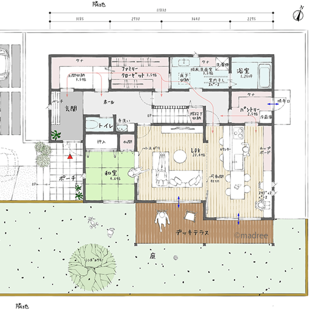 土間収納から水廻りへウォークスルーで直線移動、サッと片付く裏動線のある家