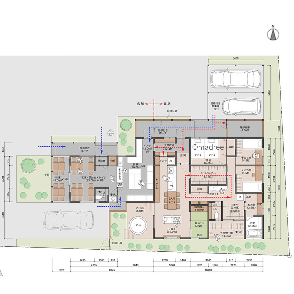 兼用の土間収納で搬入楽らく、家族だけに広がる開放感を店舗から隠せる平屋