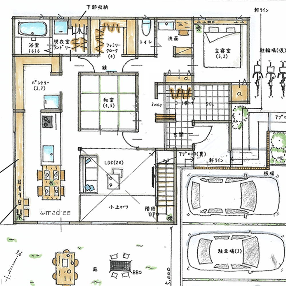 中心のくつろぎ和室で家族団らん、空間活用小上がりリビングの家