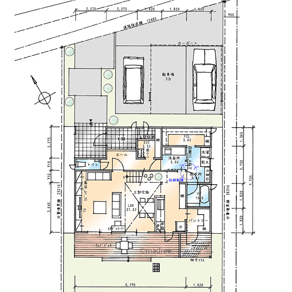 裏動線に生活感をスッキリ隠す、緑と夜空を楽しむアウトドアリビングの家