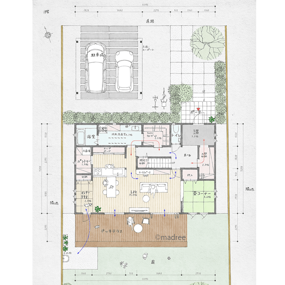 繋がるインナーテラスで愛犬も快適、明るいLDKに自然と家族が集まる家