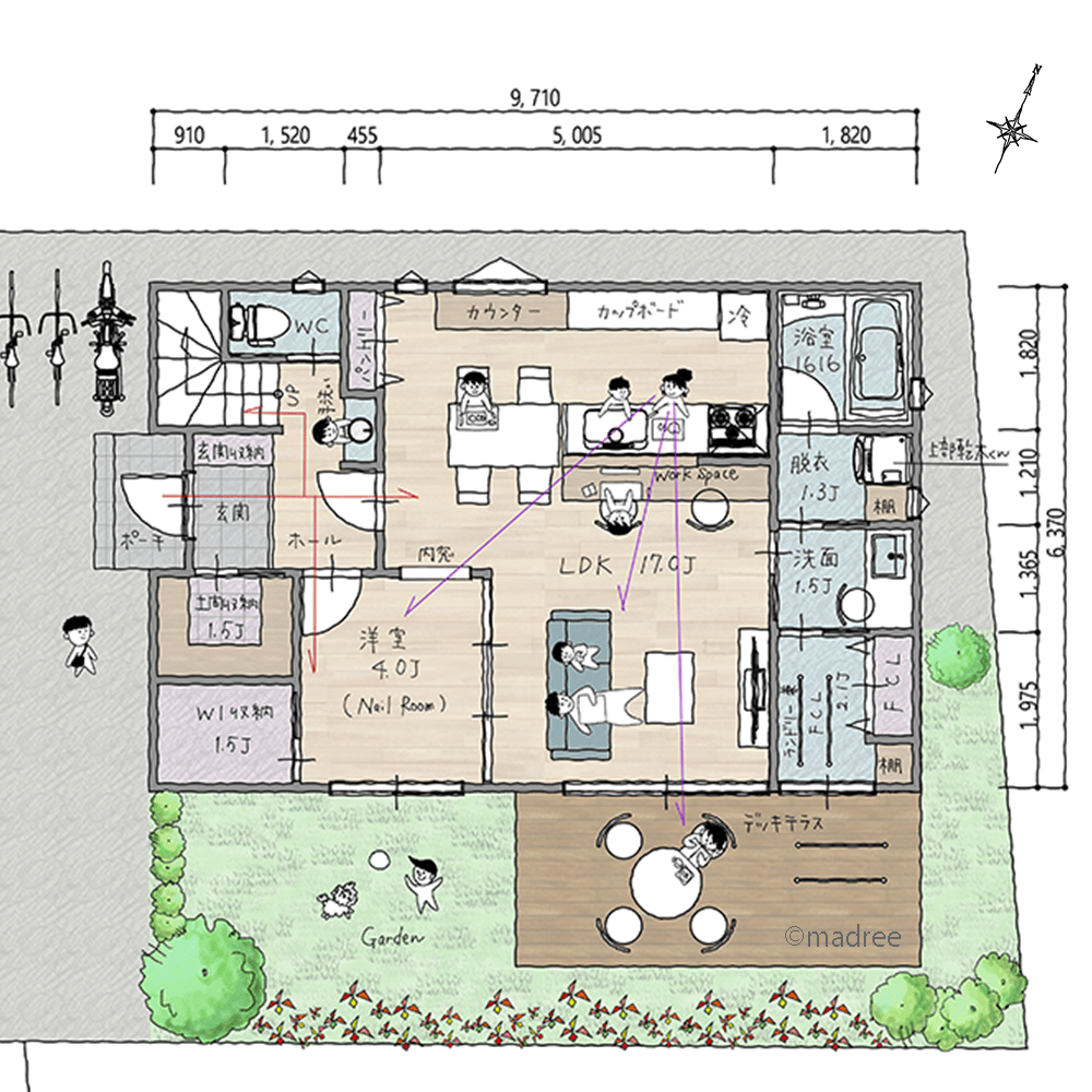一直線の洗濯動線で時短家事、子どもファーストな目線の届く家