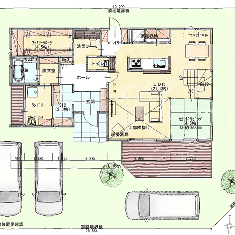 吹抜を介したLDKとの一体感、中二階に少し篭れるスタディーコーナーのある家