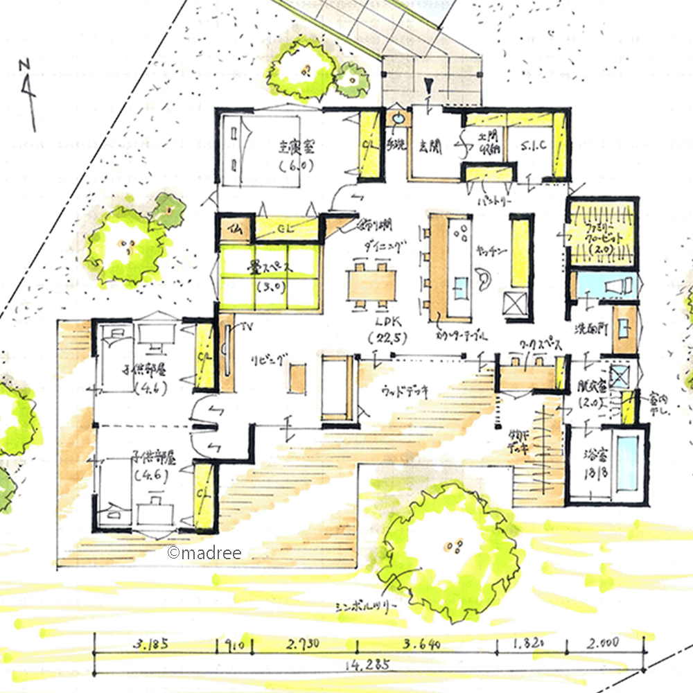 広いLDKを廊下のように活用、建物中央からすべての部屋にアクセスしやすい家