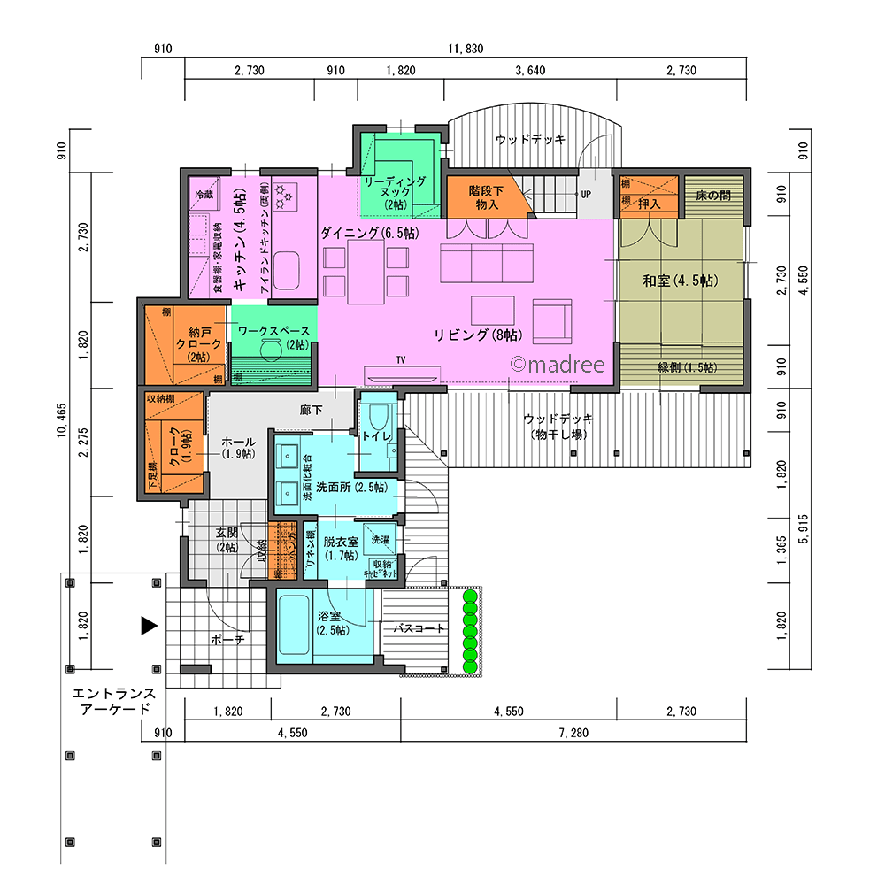 景色を活かす癒しのL字クランク、建物に沿うウッドデッキで家中を回遊できる家