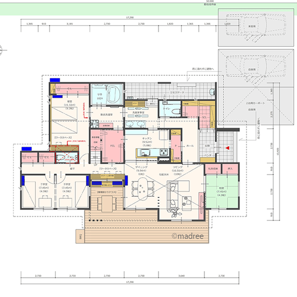 中央から屋内外へ繋がるバリアフリーの回遊動線で、老後も快適に暮らせる家