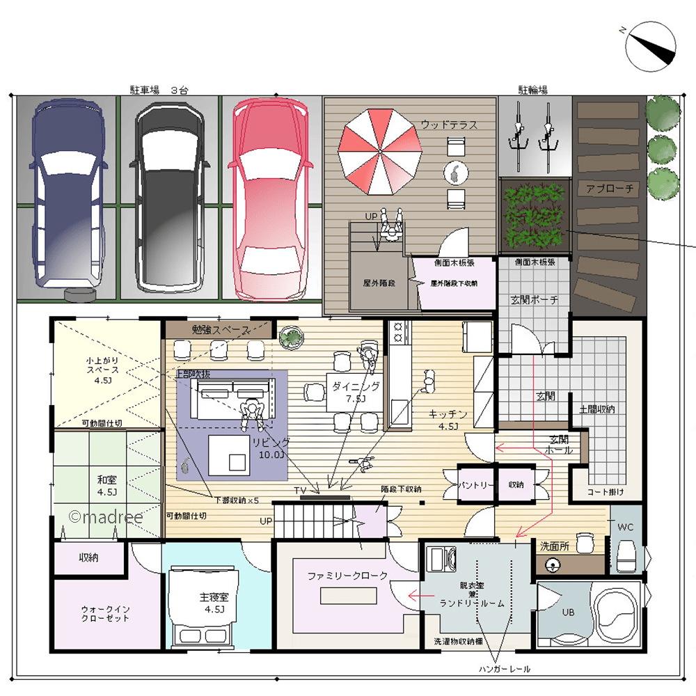 屋外階段が家中を繋ぐのびやかな暮らし、子ども達がにぎやかに走り回れる家
