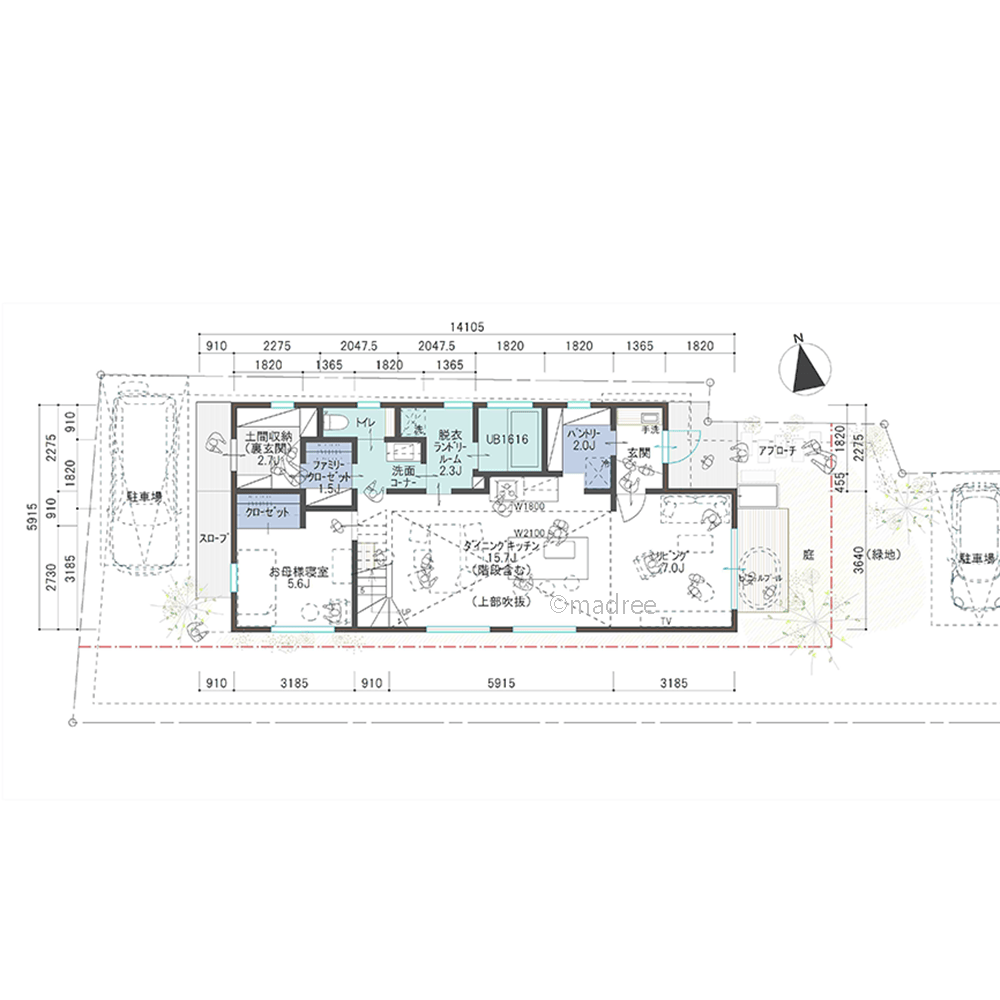吹抜で緩やかに繋がりを持つ、奥行きある採光LDKに自然と集う二世帯住宅