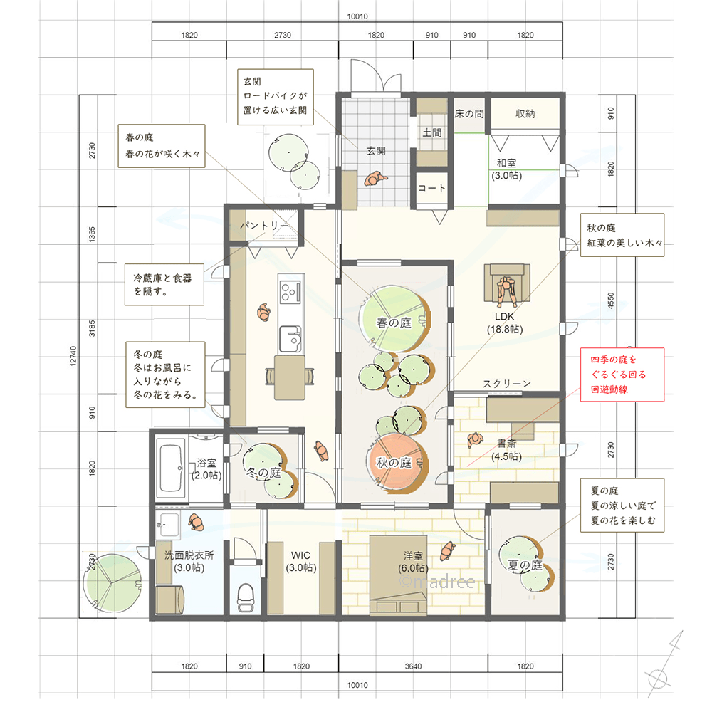 季節の庭で四季移ろいを楽しむ、カーテンなしで過ごすロの字型コートハウス