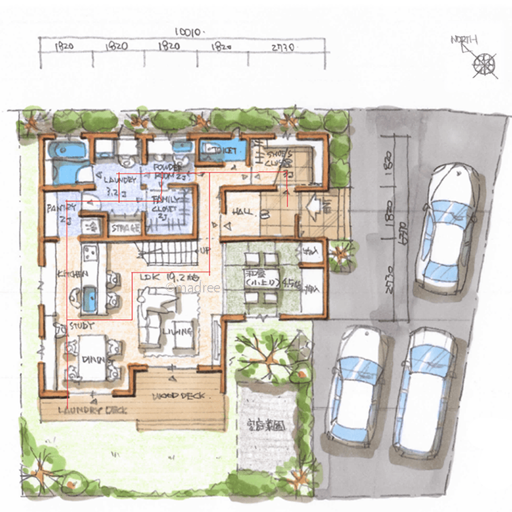 玄関から庭へのL字動線に収納を充実させた、将来は1階完結で暮らせる家